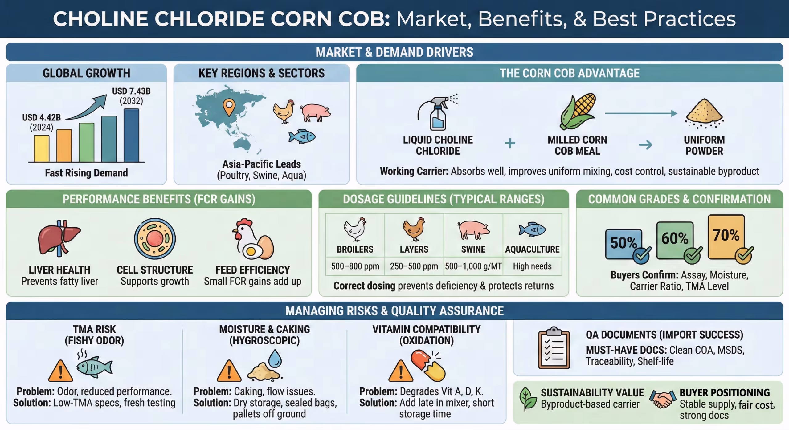 Choline chloride benefits in poultry corn cob infographic
